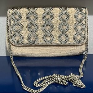 Mary Frances Geometric Circle Jewel Beaded Purse Evening Bag Clutch Silver Cream